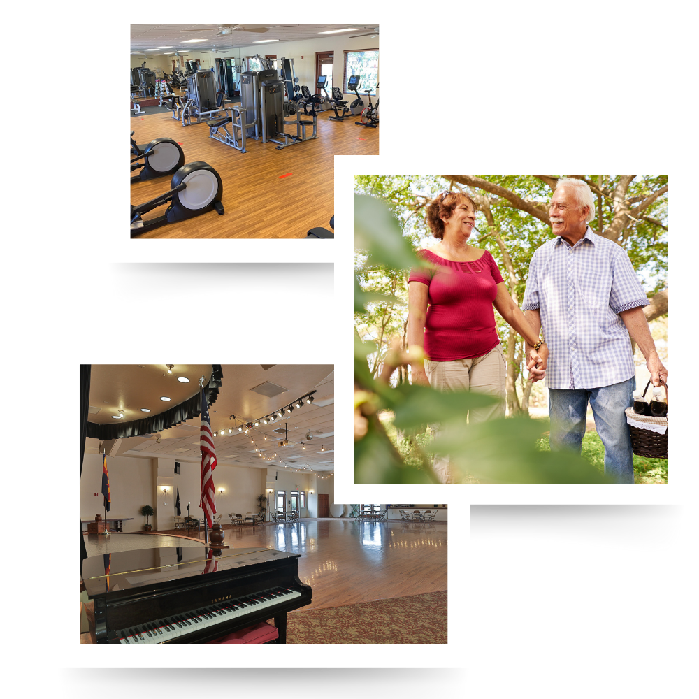 Collage of images - workout center, people walking, large event space with grand piano